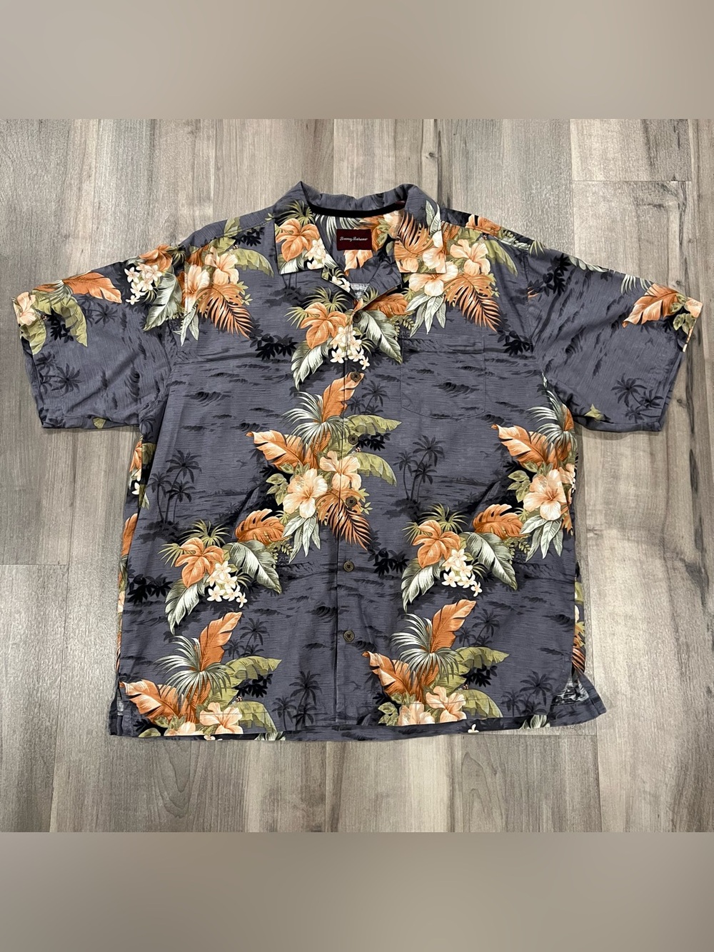 Tommy Bahama Silk Hawaiian Shirt Black Large Floral & Palms Size XL